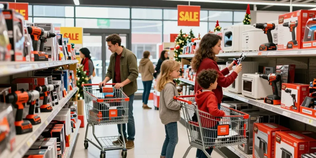Offerte del Black Friday Black And Decker in un vivace negozio di ferramenta, famiglia rilassata e felice in cerca di affari.